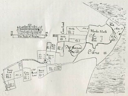 1656 map showing the fort and fields in the area