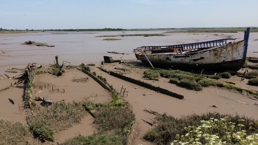 Maldon Barge Graveyard, June 2015. The 'barge bottom' of Mamgu lies to the left of the image, that of British Lion is in the centre