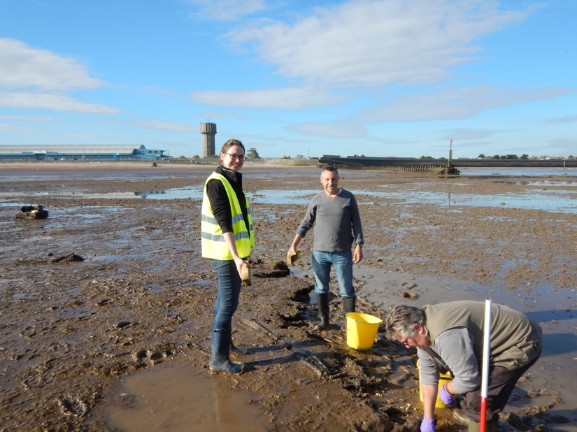 John (bottom right) and members of the CITiZAN team cleaning archaeology on the foreshore at Cleethorpes