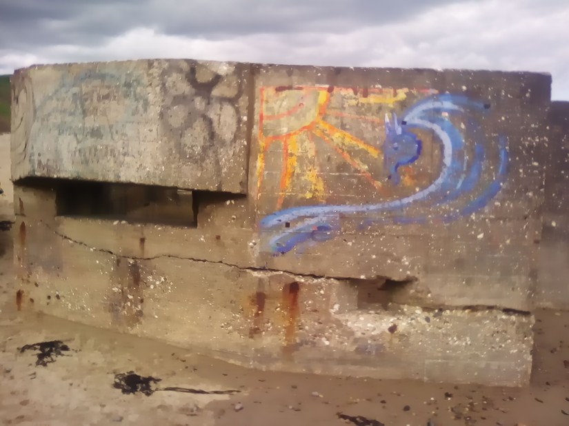 One of the upside down Second World War pillboxes on Cayton Bay.  The loop hole on the left is for a machine gun and the one on the right is for a rifle.