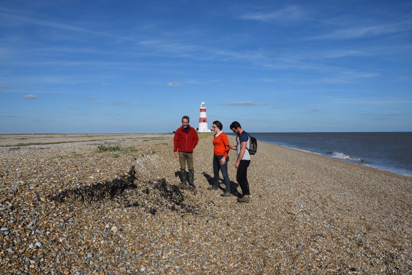 The WWII era ground marker, used in missile trajectory testing, eroding out of the shingle ridge, Orford Ness, September 2015