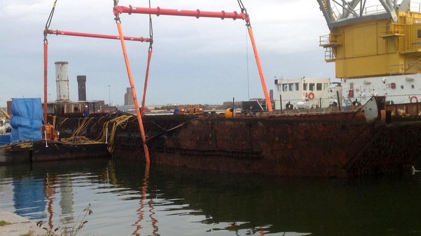 Mark 3 LCT 7074 'Landfall' being raised in Liverpool