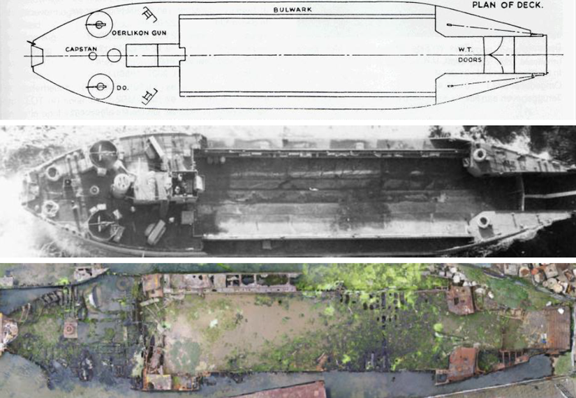 Contemporary plan and aerial photograph, and a modern aerial photograph, of Tank Landing Craft