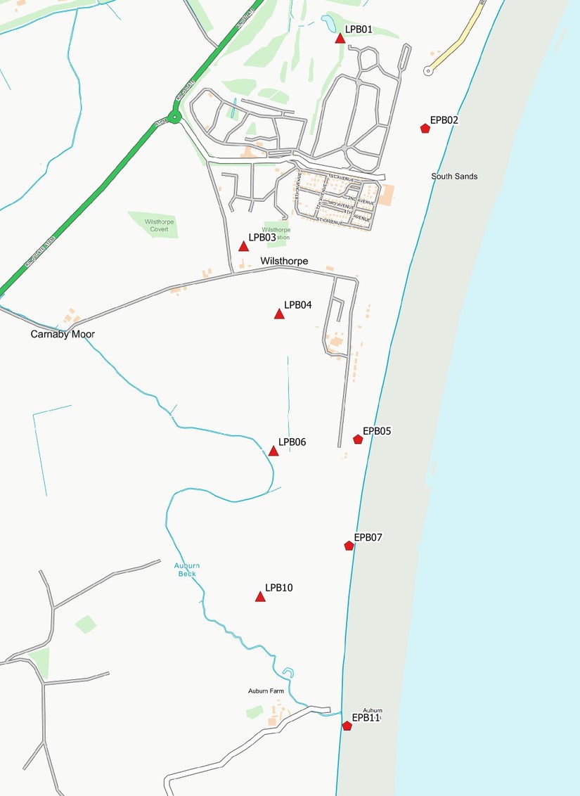 Distribution of pillboxes at Auburn Sands. Contains OS data © Crown copyright and database right (2018)