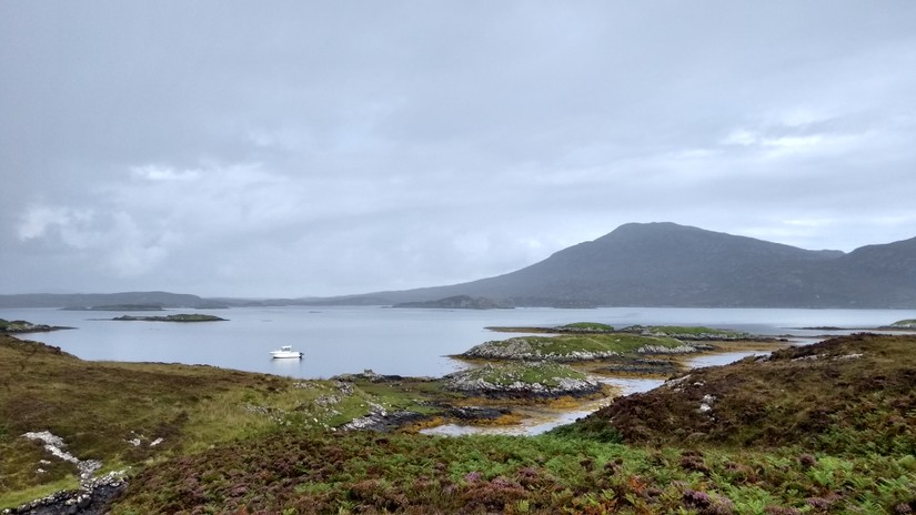 Ronay, Western Isles with the remains of a croft and possible chapel in the foreground