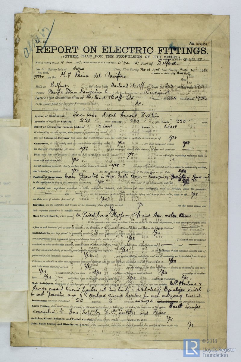 Report from the Reina Del Pacifico (Built 1931). Image taken from the Lloyds Registry's online archive hec.lrfoundation.org.uk.