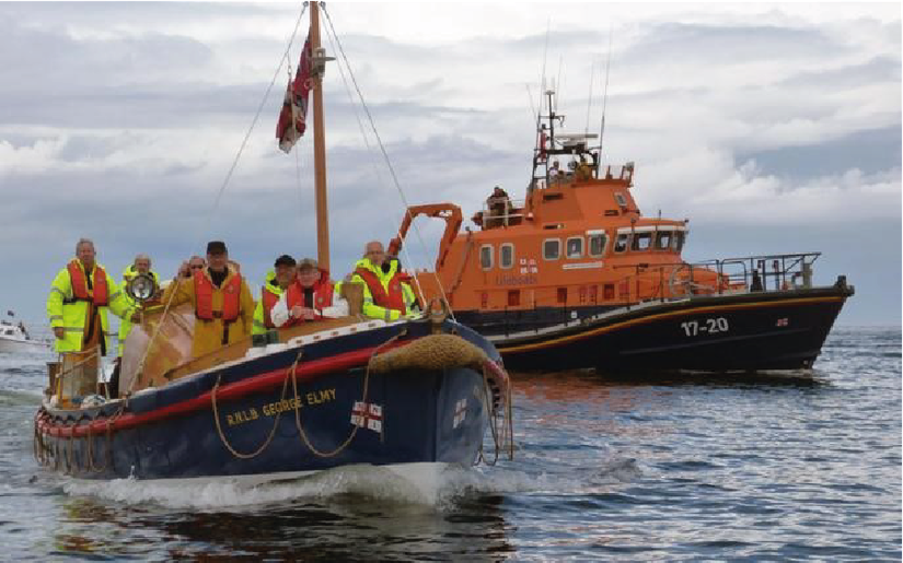 The George Elmy being brought back to Seaham, accompanied by the RNLB Spirit of Northumberland, June 2013.