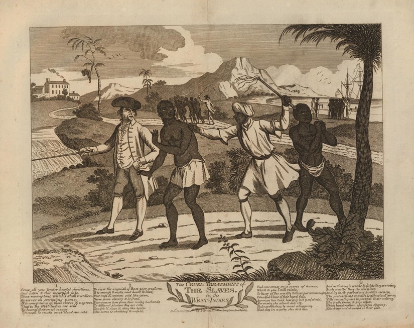 Partially clothed, enslaved Africans are whipped by a fully clothed enslaved African who wears a slave collar. A white man seems to give instructions. Image from an abolitionist print produced in 1793
