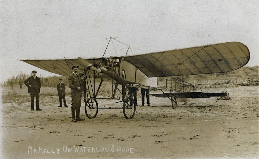 Henry Melly and his Bleriot monoplane on the beach at Waterloo Sands