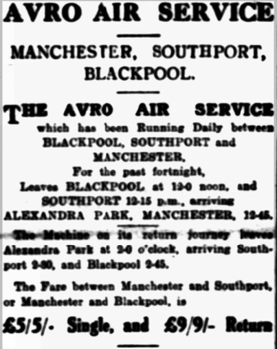 Advert for the Avro Transport Company's scheduled flight, Fleetwood Chronicle, 27th June 1919