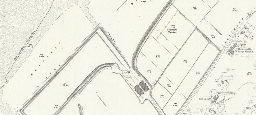 The Hesketh Aerdrome, showing the two hangars built during the First World War. Ordnance Survey 25 inch mapping, published 1928 [Mapsheet: Lancashire LXXV.6 (Southport)]