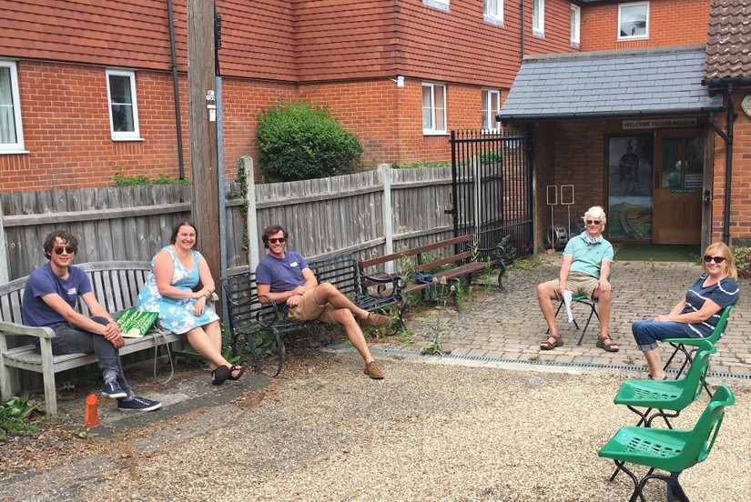 Lawrence Northall, Danielle Newman, Oliver Hutchinson of CMCC meet David Cooper and Joanne Godfrey of Mersea Island Museum for a socially distanced project meeting