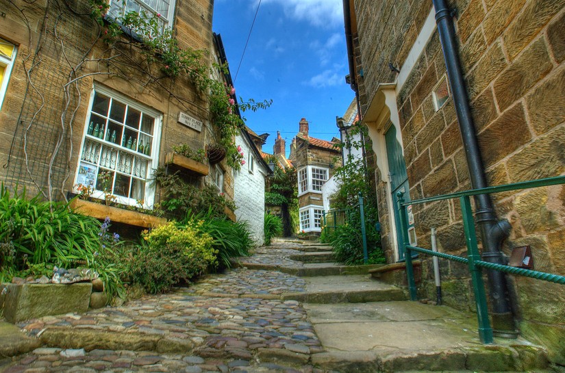 Winding narrow street in Robin Hood's Bay