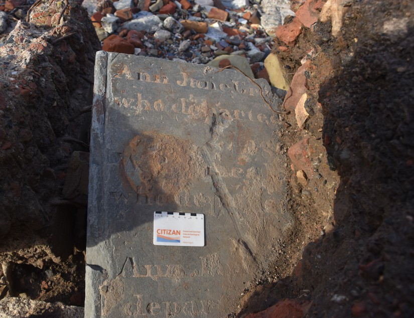 Details of the gravestone identified on the foreshore at Crosby