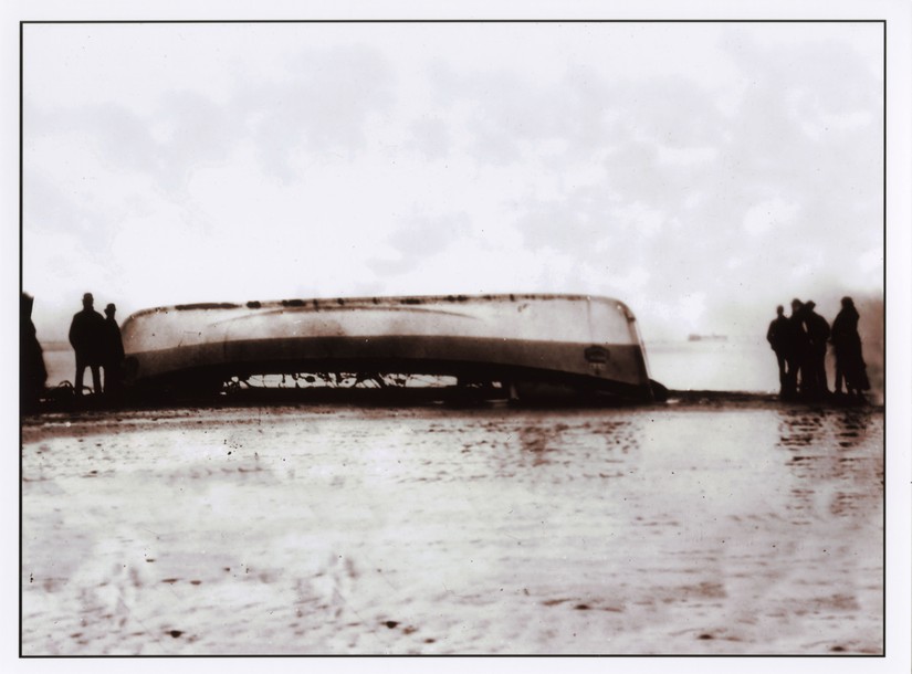 The Southport lifeboat, washed up on Southport beach after capsizing mid-rescue