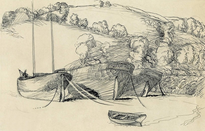 Drawing by VC Boyle made in 1946 of the ketch Maud, Schooner MA James (middle) and schooner Margaret Hobley, after they return from war service  