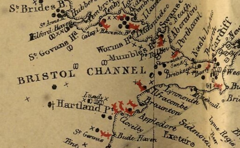 A wreck chart from 1860, showing lifeboat station on the Bristol Channel marked as red rowing boats