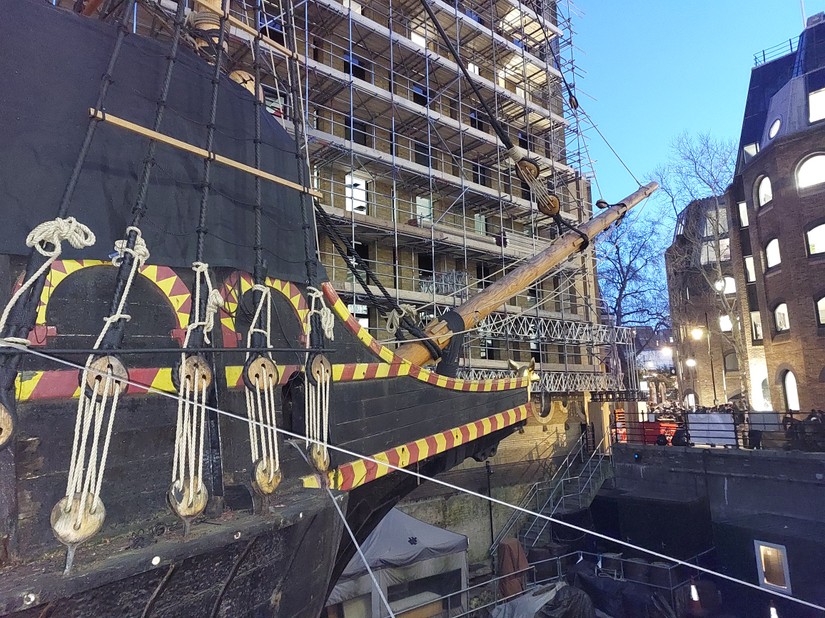 The replica Golden Hinde in dry dock at London